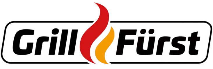 Logo for Grill First with a red and yellow flame between bold black 'Grill' and 'First' text in a rounded frame.