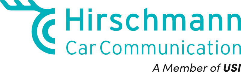 Hirschmann Car Communications logo in teal with a stylized antler graphic and the text 'A Member of USI'.